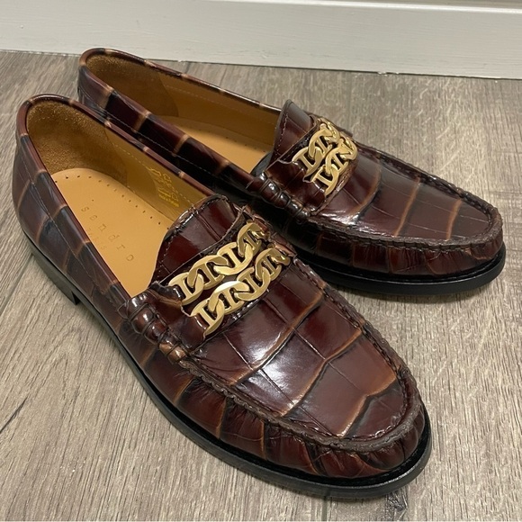 Sandro Brown Leather Croc Embossed Loafers Gold Chain Womens Size 37 US 6.5 NEW - Picture 2 of 11